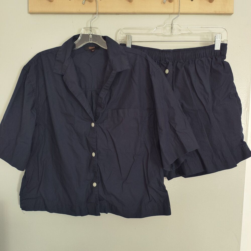 Quince Women's Pajama Set S Navy Blue Short Sleeve Top & Shorts 100% Cotton